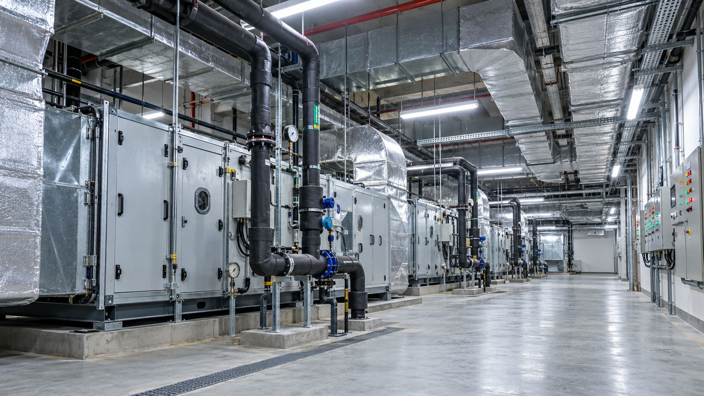 An HVAC plant room — a row of air-handling units with insulated chilled-water pipework and ducting